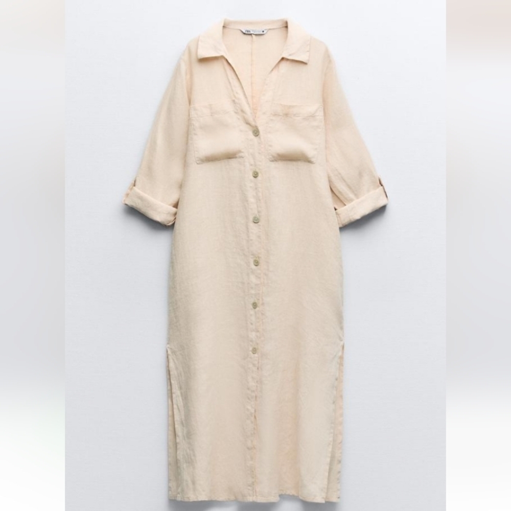 Zara 100% linen Tunic Casual Loose Fit Long Dress Sz-L - Picture 2 of 9
